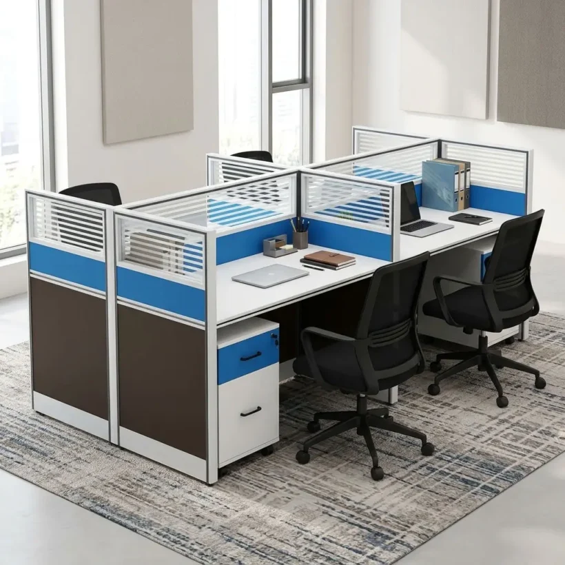 A premium modular 4-Way Office Workstation featuring crisp white desktops separated by blue and white slotted privacy screens, complete with integrated mobile filing drawers and paired with ergonomic black mesh office chairs.