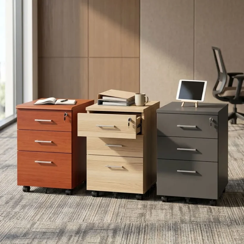 Three modern 3-Drawer Mobile Pedestal filing cabinets standing side-by-side, showcasing a rich reddish-brown wood laminate finish, a light beige oak finish with its top drawer partially open, and a solid dark matte gray finish.