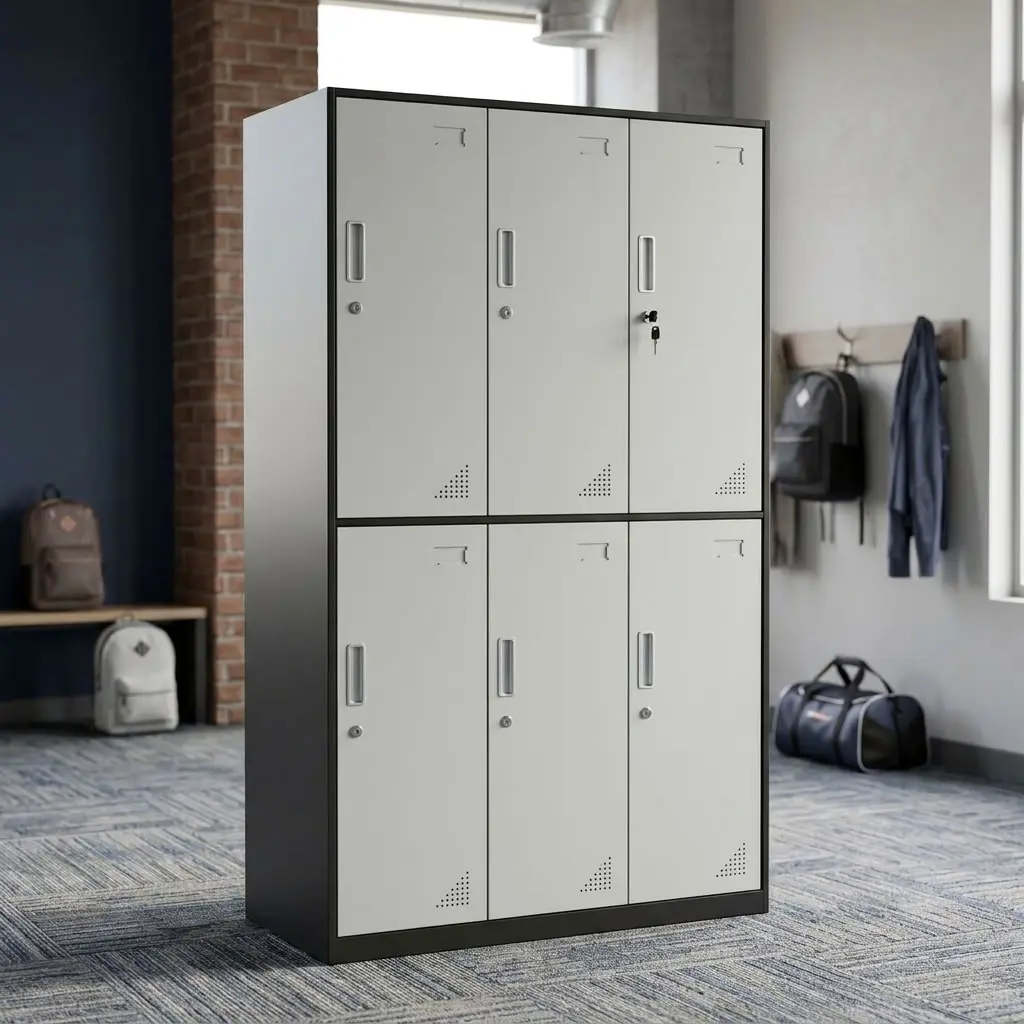 A premium 6-Locker Office Cabinet featuring a charcoal gray frame and six light gray doors with recessed handles, individual key locks, and triangle ventilation holes, with one lower door standing open to reveal a jacket and backpack inside.